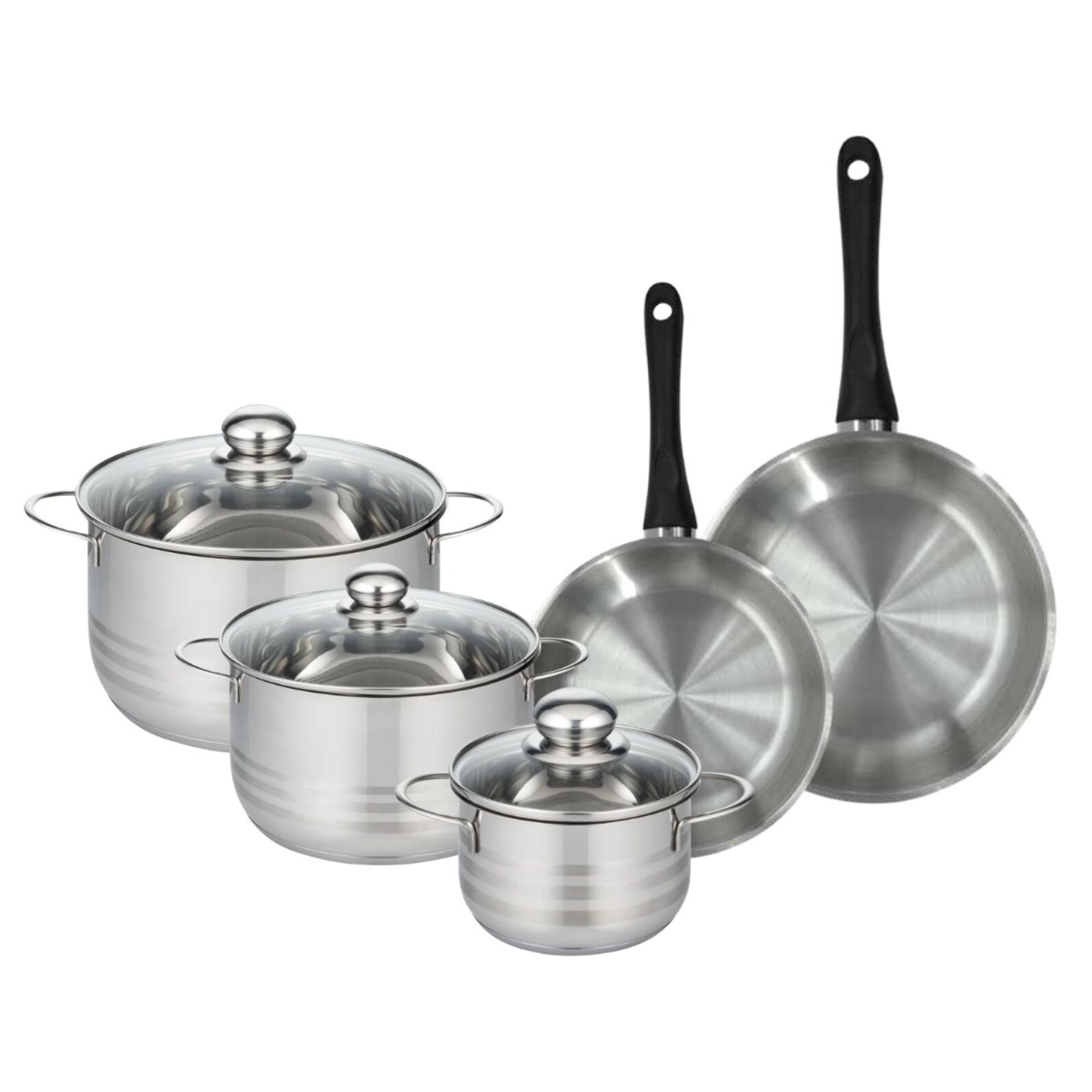 Set de 2 poêles en inox et 3 faitouts inox 16, 20 et 24 cm Fackelmann Geneva