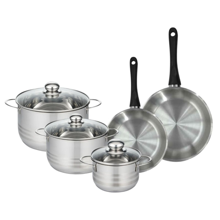 Set de 2 poêles en inox et 3 faitouts inox 16, 20 et 24 cm Fackelmann Geneva