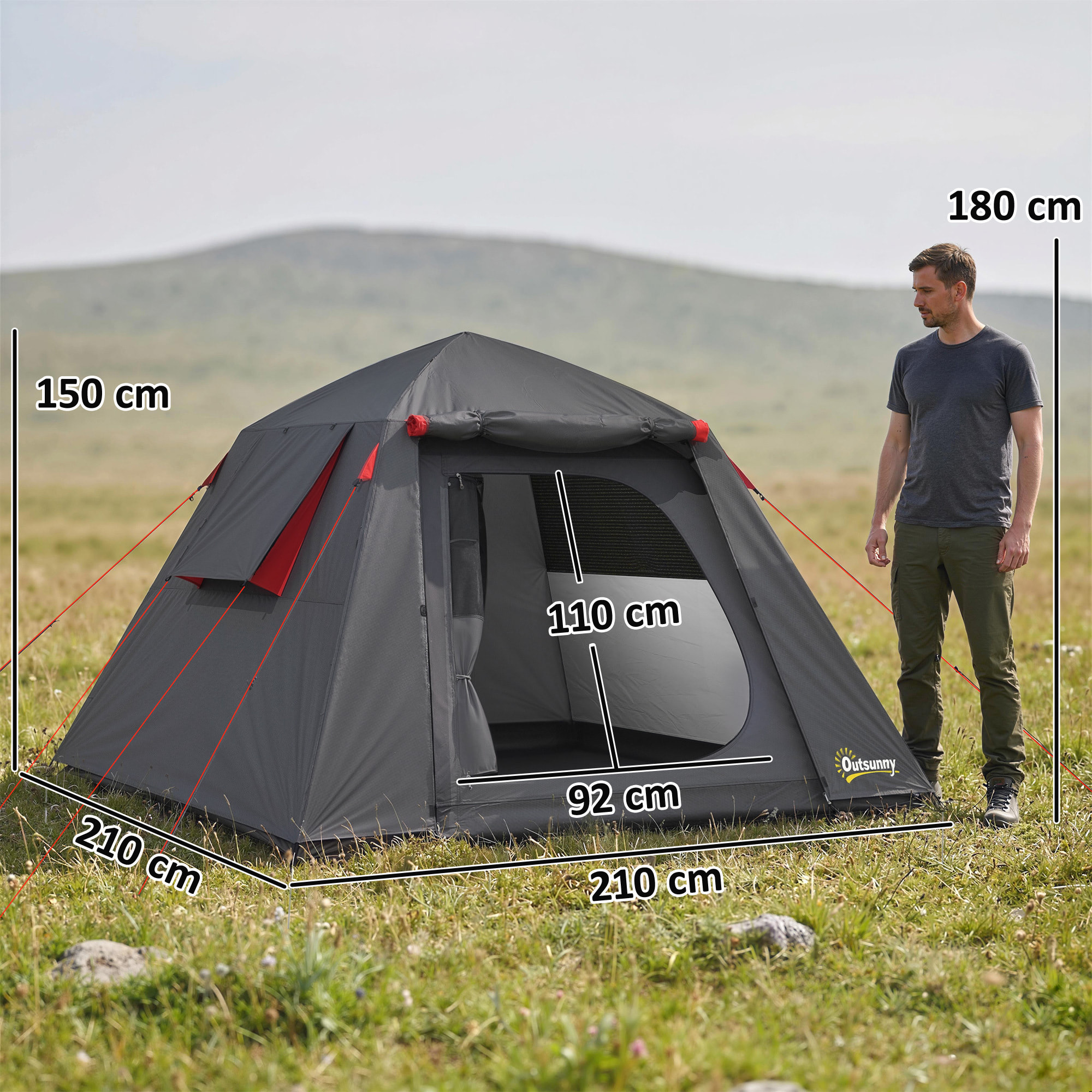 Tente camping dôme 2 pers. imperméable 3000mm - 2,1x2,1x1,5m - anthracite