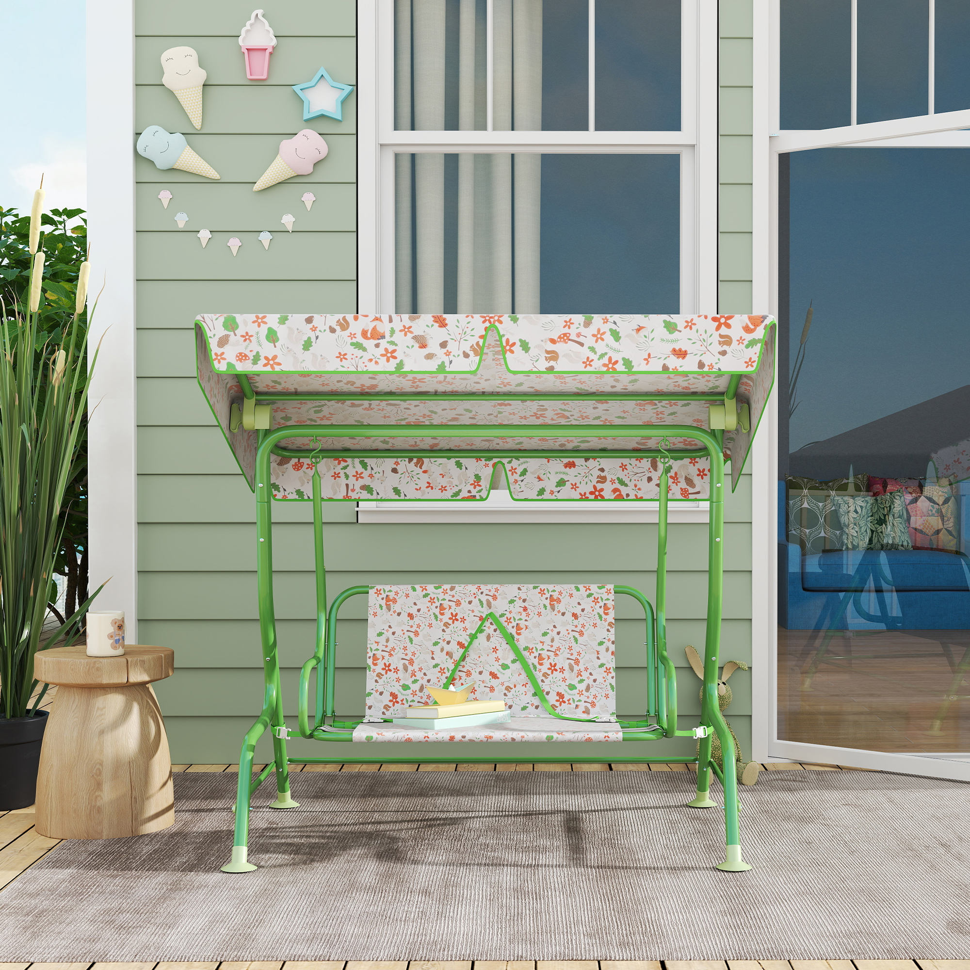 Columpio de Jardín Exterior para Niños de +3 Años Balancín de Jardín Exterior de 2 Plazas con Toldo Ajustable Arnés de Seguridad y Estampados Bonitos 112x75x120 cm Verde