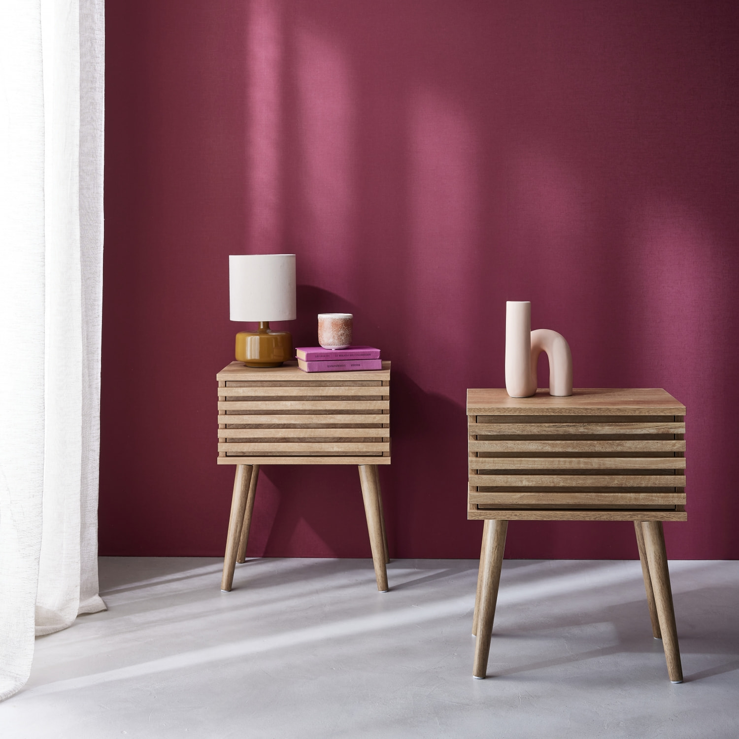 Table de chevet scandinave en décor bois rainuré 1 tiroir (lot de 2) MADERE