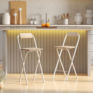 Lot de 2 tabourets de bar pliants avec dossier et repose-pieds acier blanc effet bois clair