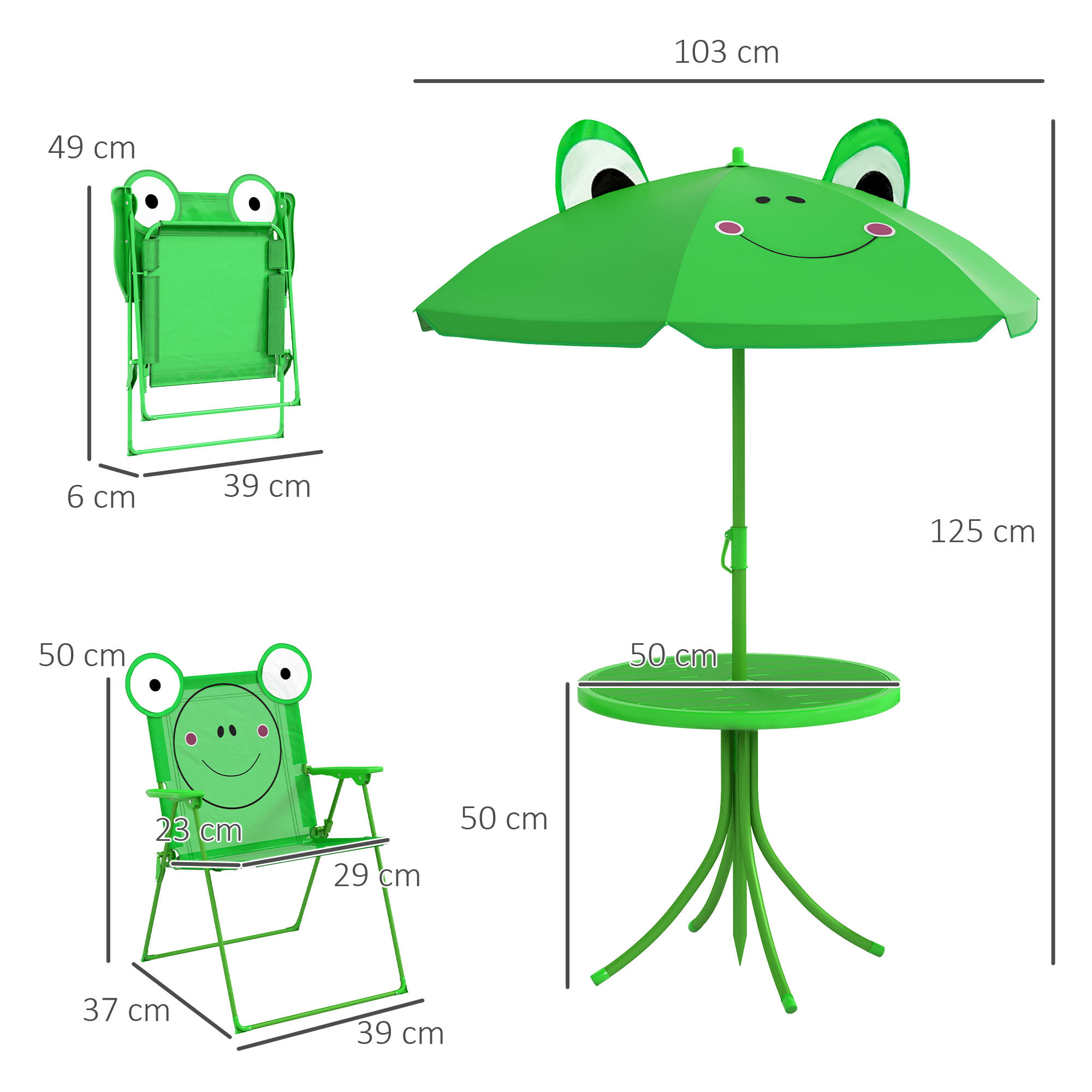 Ensemble salon de jardin enfant 4 pcs design grenouille - table ronde + 2 chaises pliables + parasol - métal époxy oxford vert