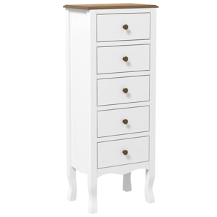 Meuble de rangement chiffonnier style néo-rétro 5 tiroirs poignées boutons bois MDF blanc