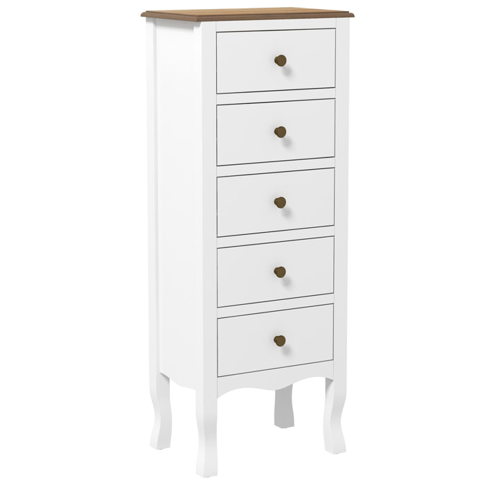 Meuble de rangement chiffonnier style néo-rétro 5 tiroirs poignées boutons bois MDF blanc