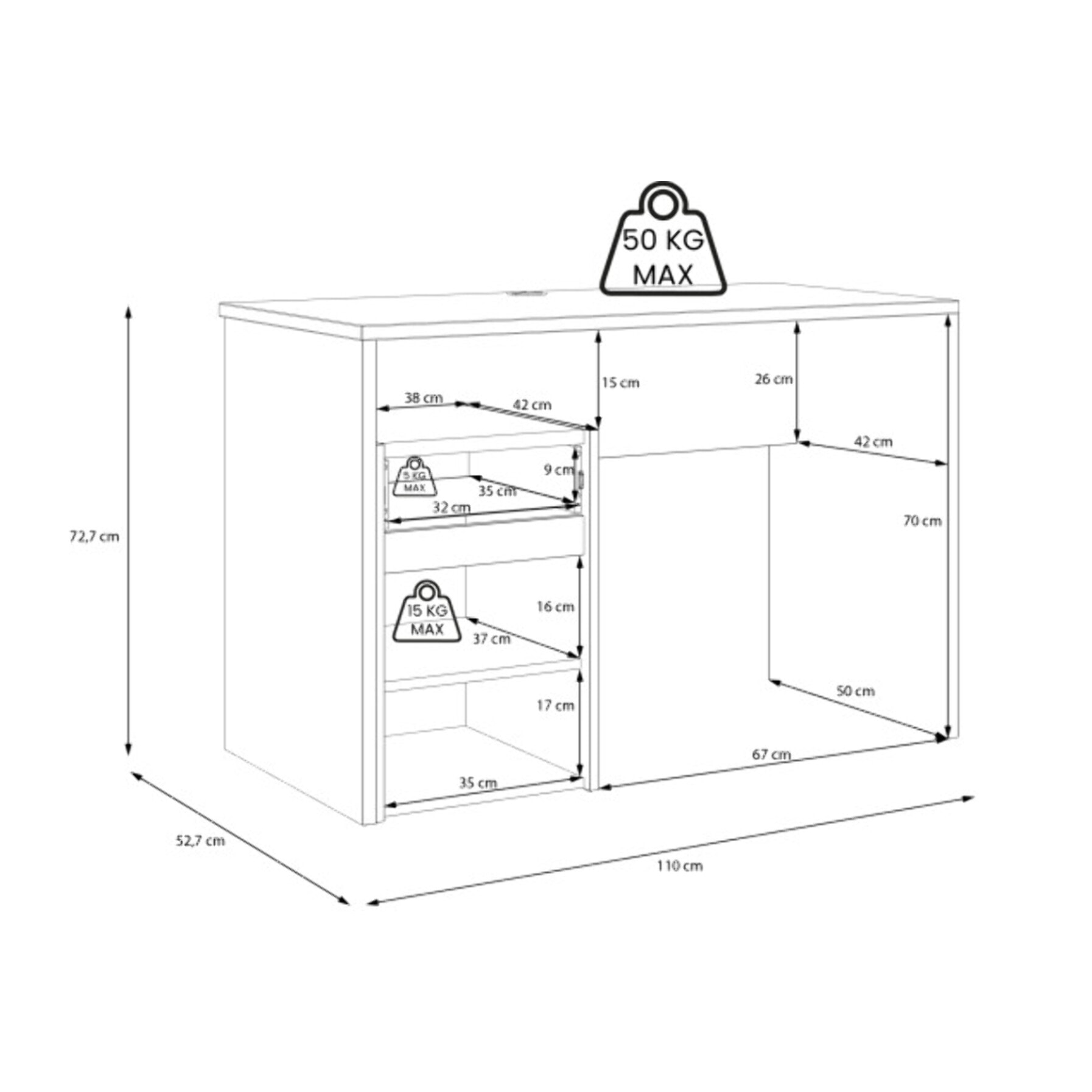 Bureau avec caisson amovible blanc mat et effet chêne - L110 CM - KIARA