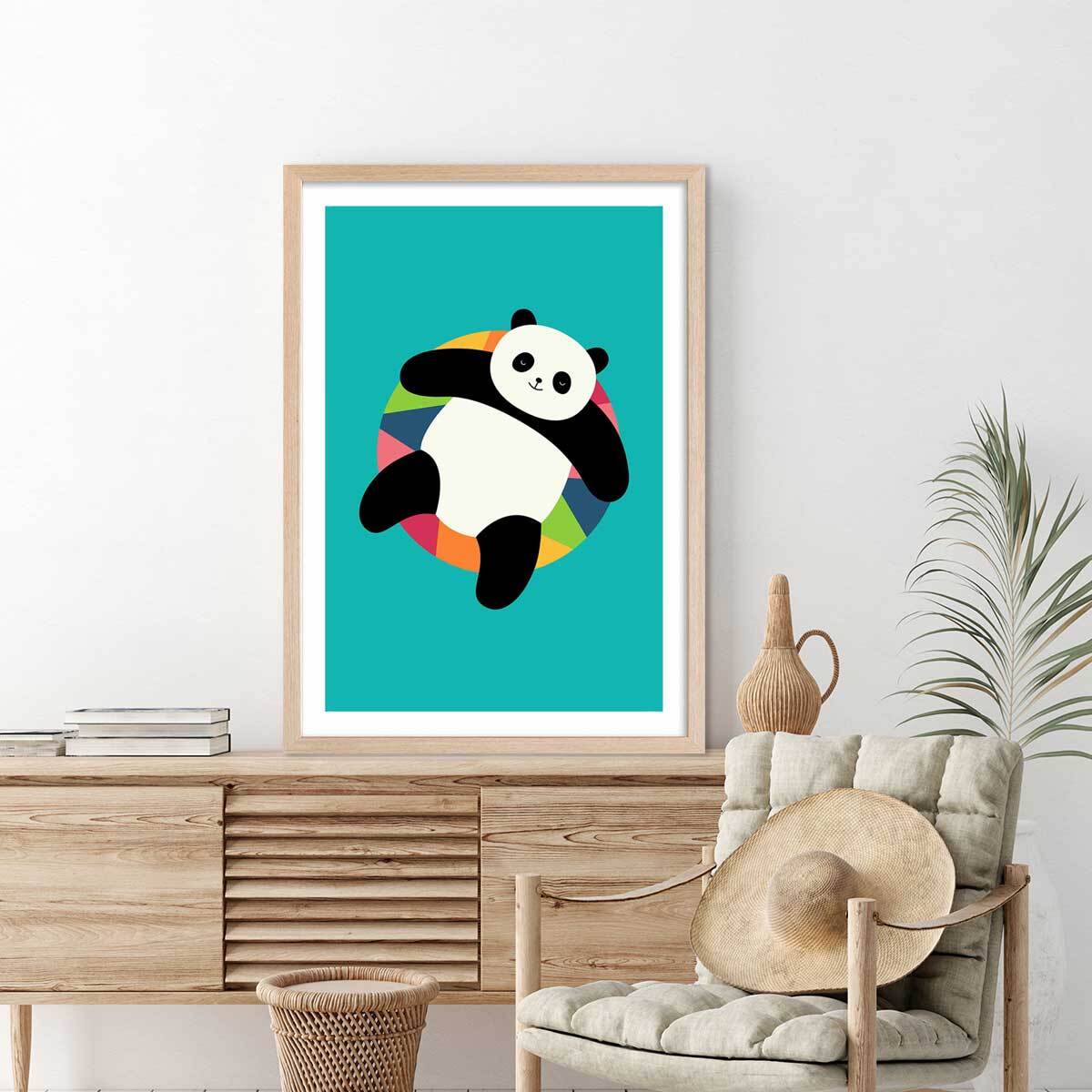 Affiche enfant pool party panda Affiche + cadre en bois - Chêne