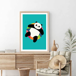 Affiche enfant pool party panda Affiche + cadre en bois - Chêne