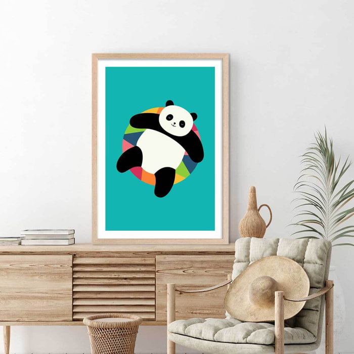 Affiche enfant pool party panda Affiche + cadre en bois - Chêne