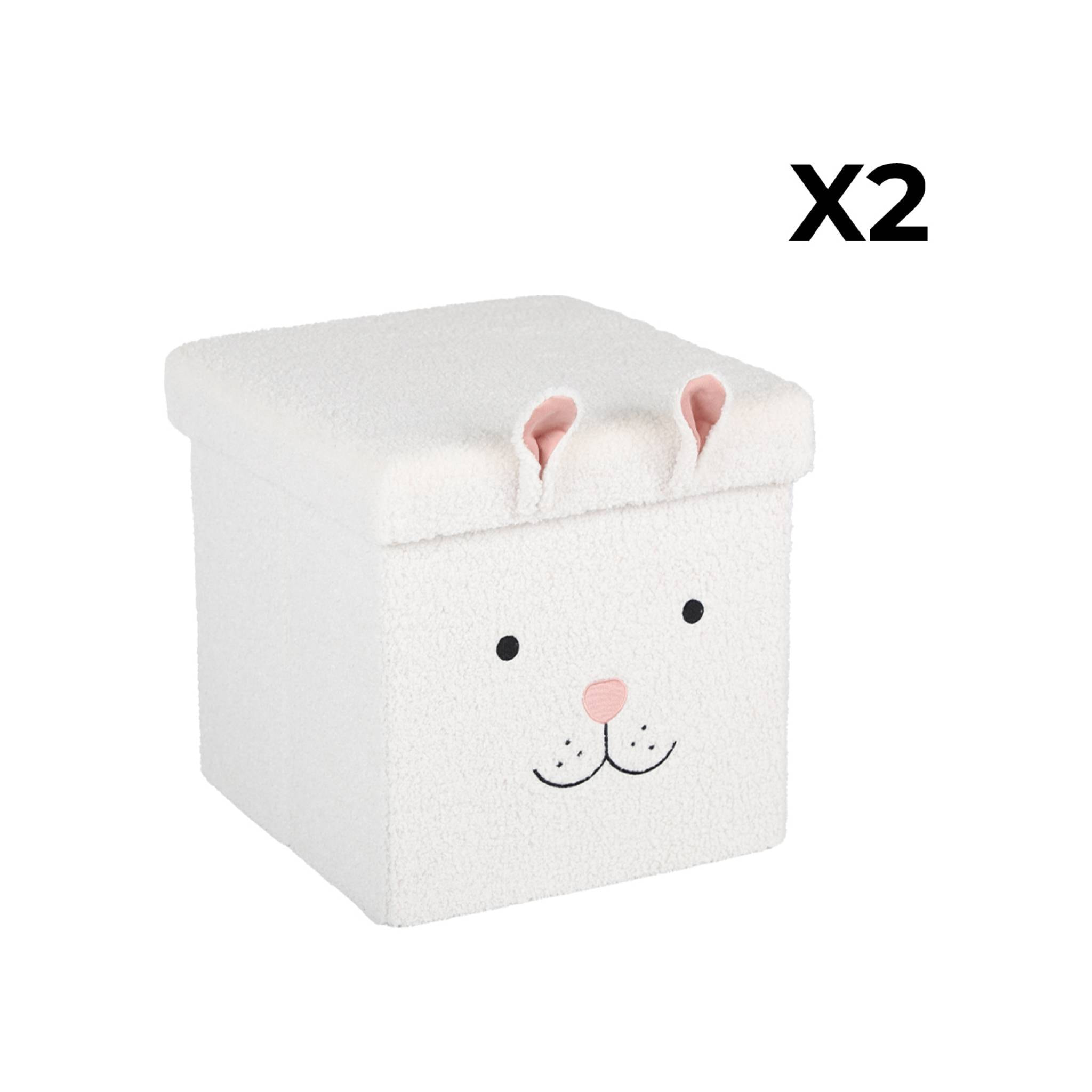 Lot de 2 tabourets-coffre pliables en bouclette forme de lapin pour enfant