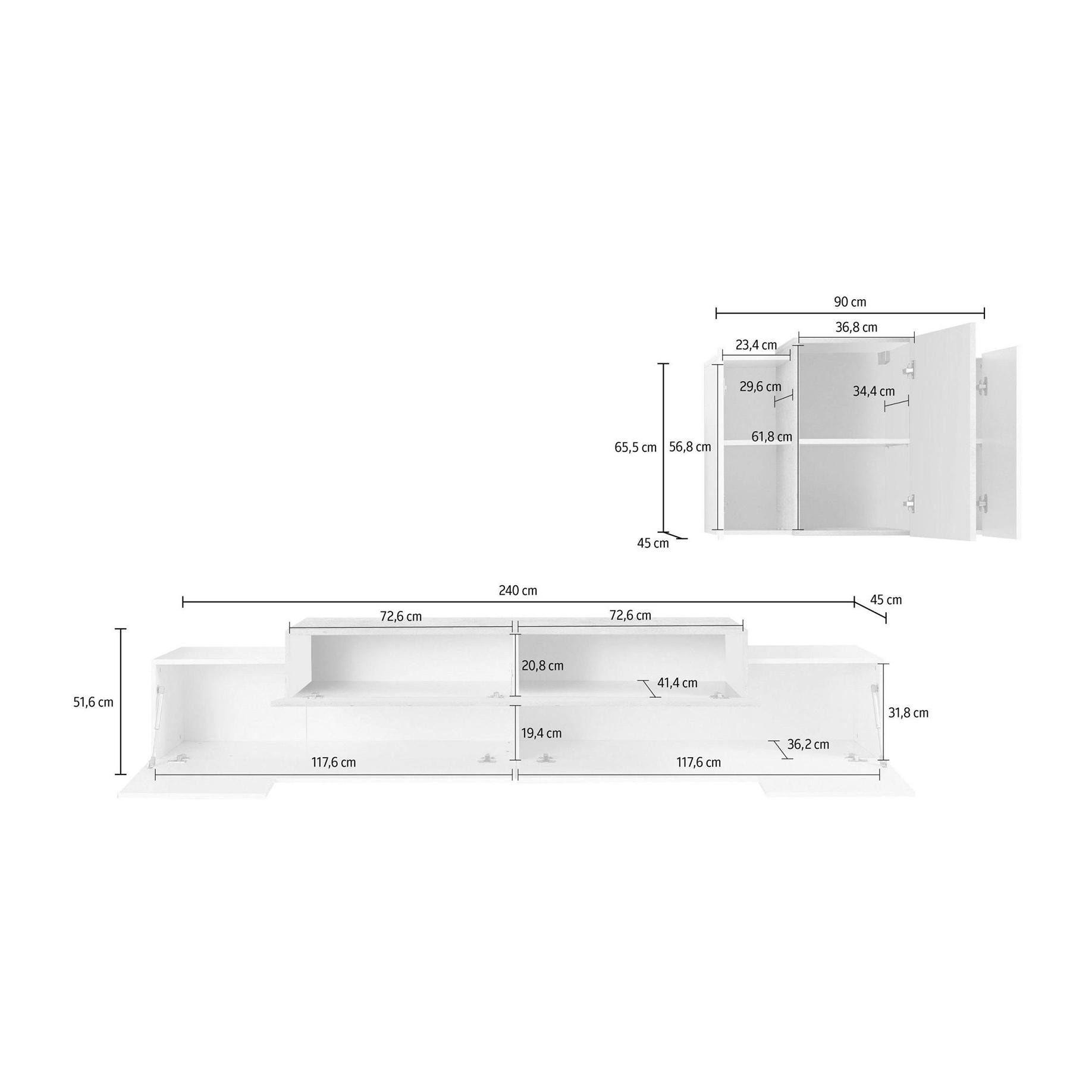 Parete attrezzata da soggiorno modulare, Made in Italy, Base porta TV e pensile sospeso, Set salotto moderno, cm 280x45h180, colore Bianco lucido e Cemento