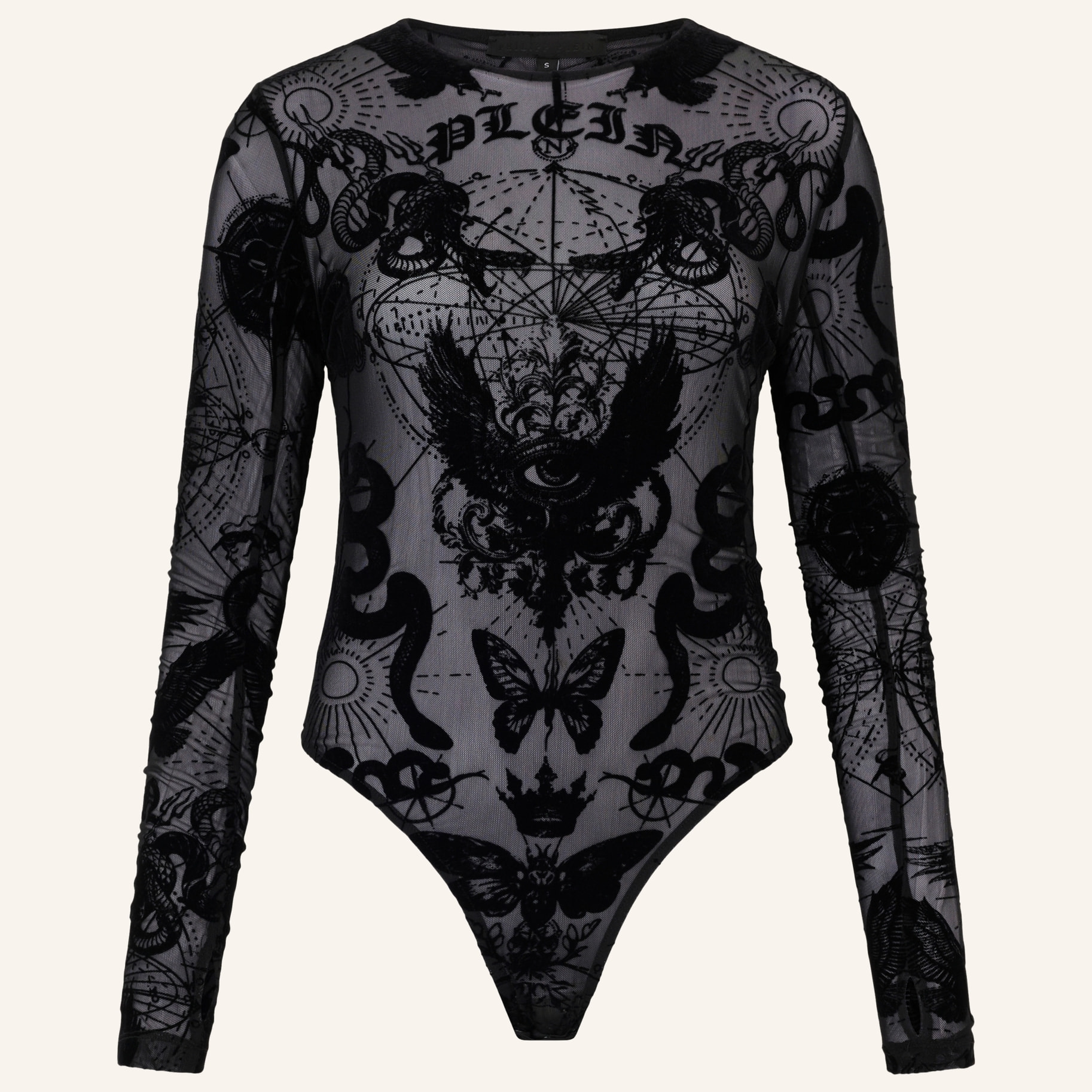 PHILIPP PLEIN Long Sleeve Bodysuit Flock Butterfly Tattoo