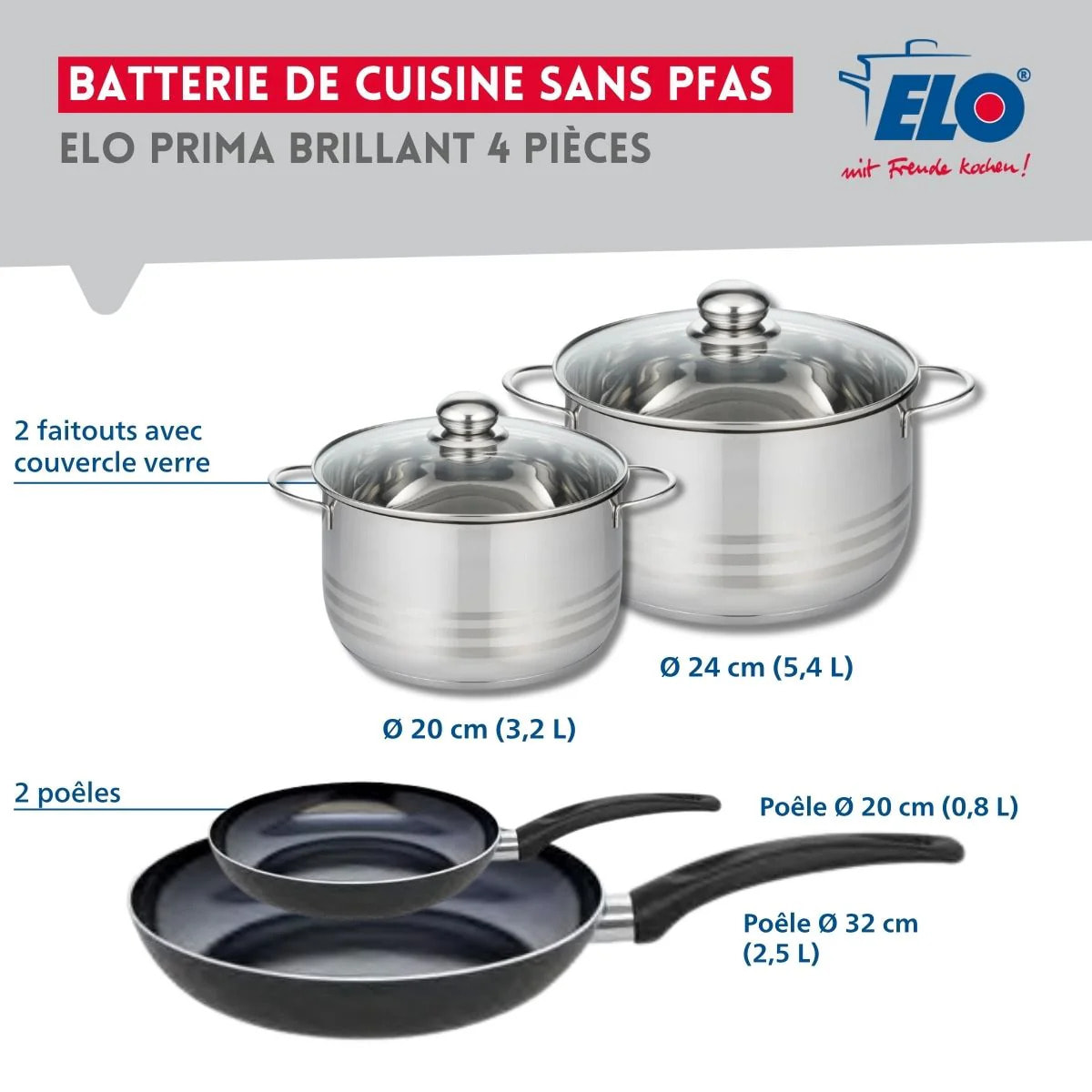 Ensemble de 2 Poêles de cuisson 20 et 32 cm et 2 faitouts 20 et 24 cm Elo Prima Brillant