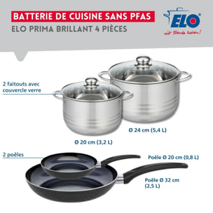 Ensemble de 2 Poêles de cuisson 20 et 32 cm et 2 faitouts 20 et 24 cm Elo Prima Brillant