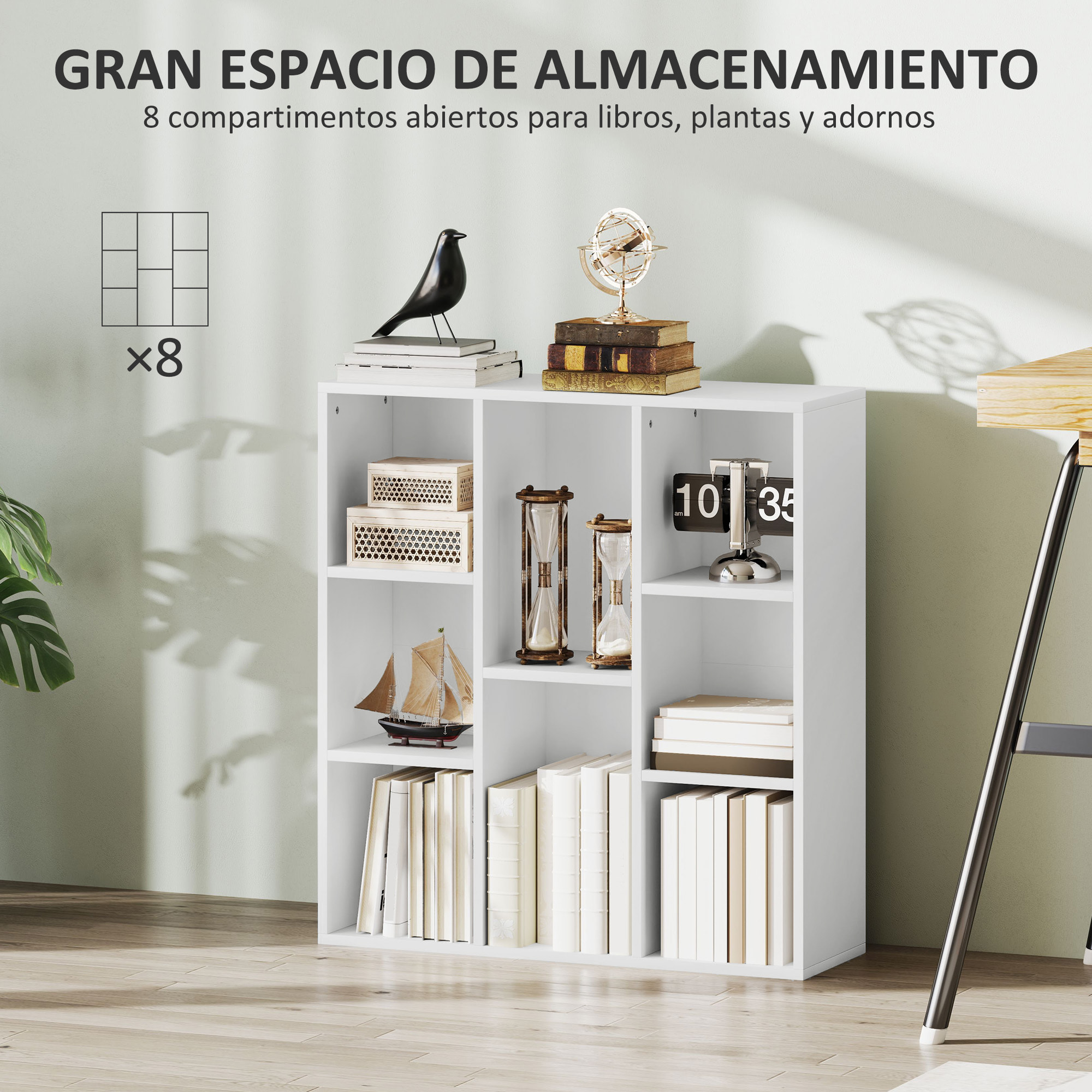 Librería de 3 Niveles Estantería de Libros con 8 Compartimentos Diseño Vertical u Horizontal para Sala de Estar Oficina Dormitorio 74,3x24x80 cm Blanco