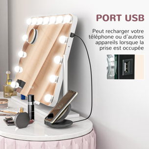 Miroir maquillage Hollywood lumineux LED intensité réglable grossissant rotatif charge USB support blanc