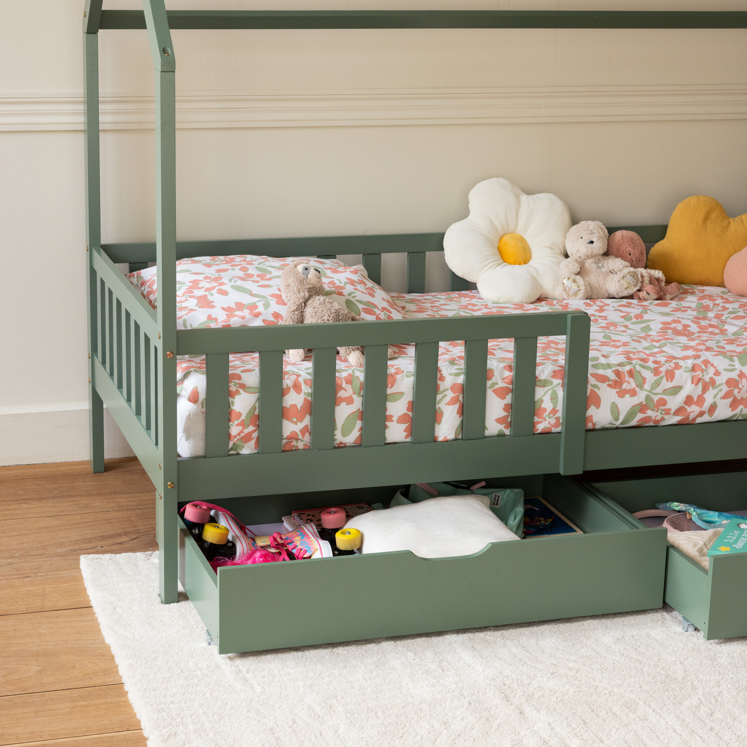 Lit cabane pour enfant 190x90cm vert avec tiroirs MARCEAU