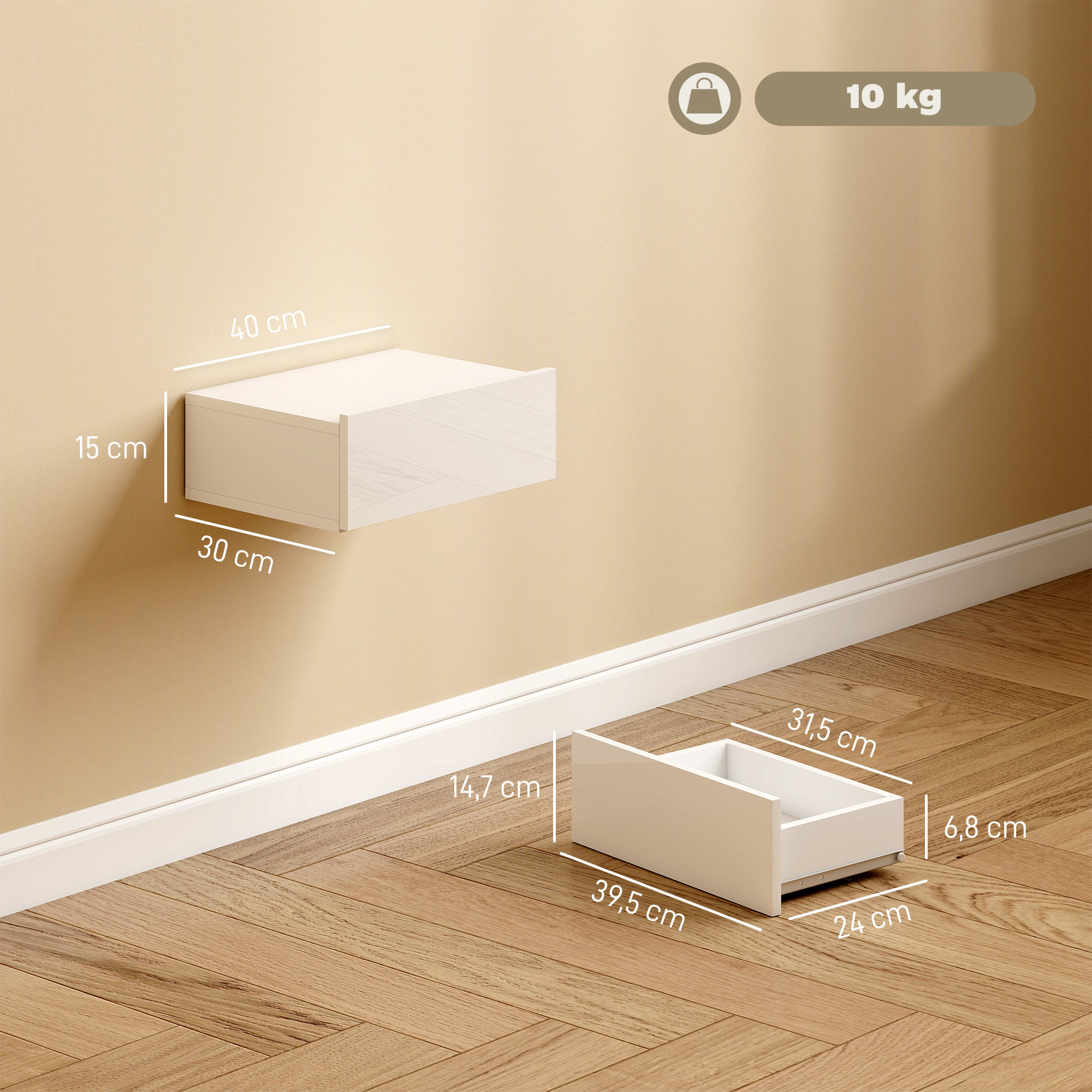 Juego de 2 Mesitas de Noche Flotantes con Cajón, Mesillas de Noche Dormitorio, Montado en la Pared, Estilo Moderno, para Sala de Estar, 40x30x15 cm, Blanco Brillo