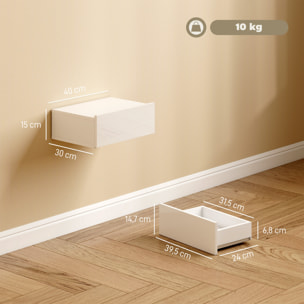 Juego de 2 Mesitas de Noche Flotantes con Cajón, Mesillas de Noche Dormitorio, Montado en la Pared, Estilo Moderno, para Sala de Estar, 40x30x15 cm, Blanco Brillo