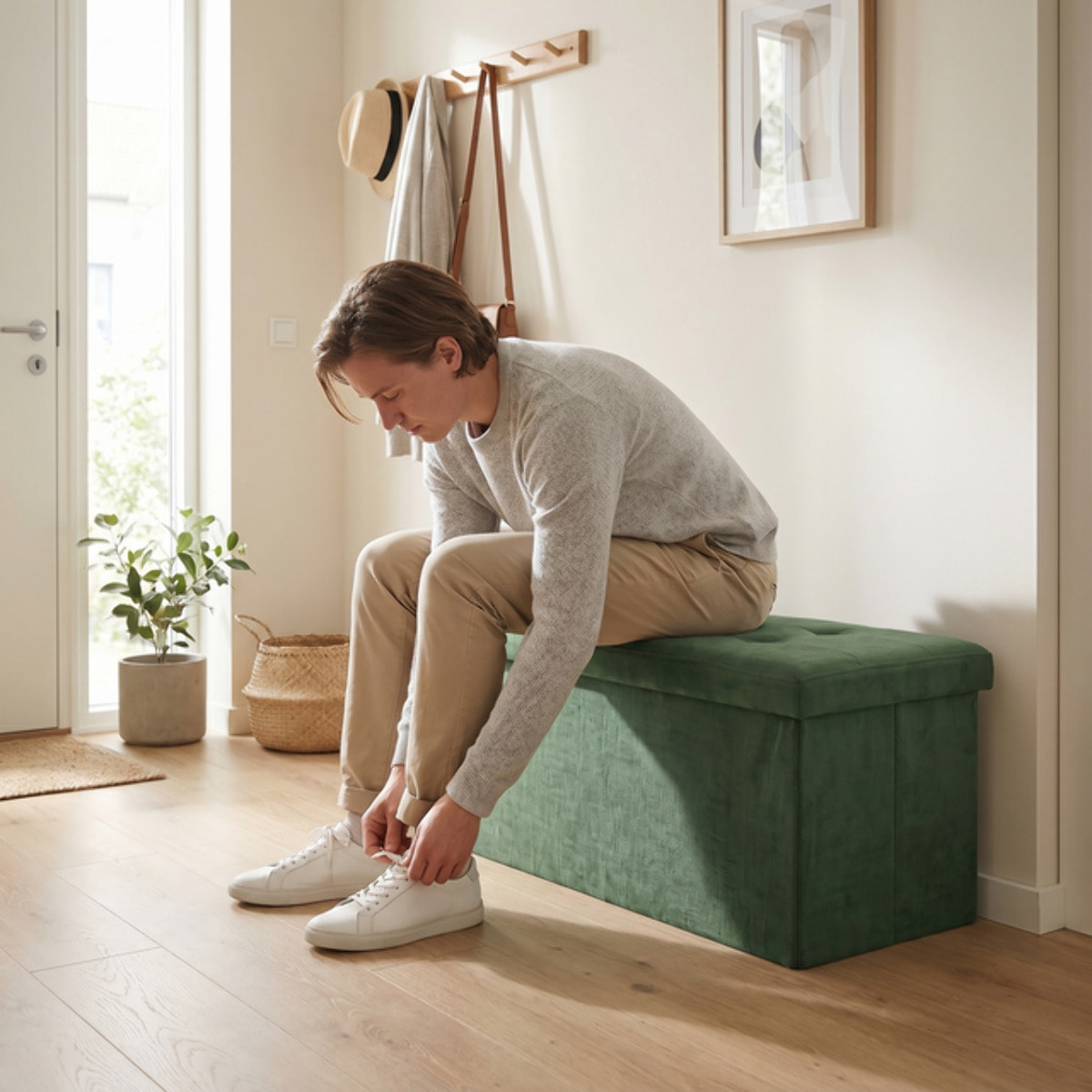 Pouf contenitore imbottito in tessuto con seduta lunga, panca multifunzione con spazio interno, ideale come poggiapiedi, seduta o contenitore, pratico e versatile per soggiorno, camera o ingresso, facile da pulire, dimensioni 76x34x34 cm