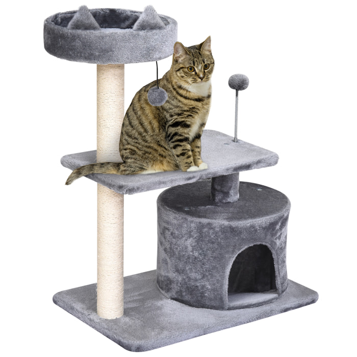 Árbol Rascador para Gatos 81 cm Torre para Gatos Medianos con Cama Plataforma Refugio Poste de Sisal y Bolas de Juguete 60x40x81 cm Gris