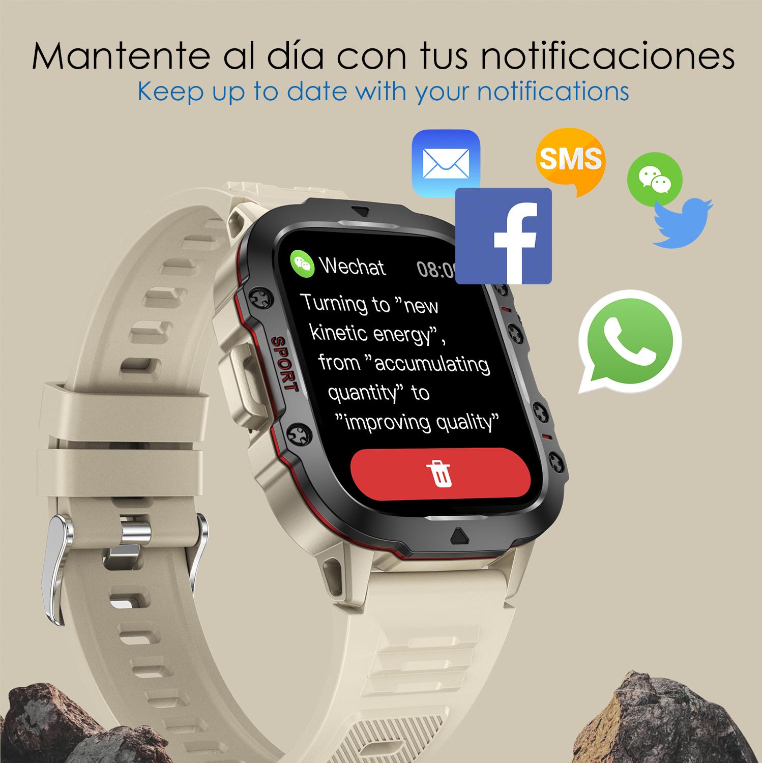 DAM Smartwatch QX11 outdoor. Llamadas Bluetooth, notificaciones push, más de 100 modos deportivos. Monitor cardiaco y O2. 5x1,2x4,3 Cm. Color: Beige