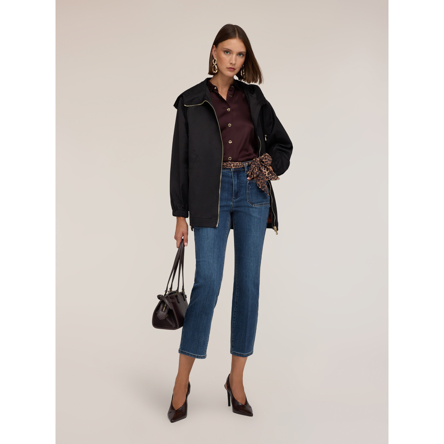 Motivi - Jeans cropped a vita alta con cintura animalier - Blu