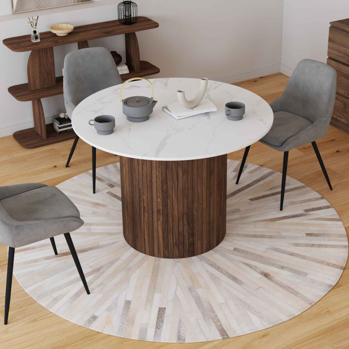Table à manger ronde Alvar Ø110cm effet marbre et noyer