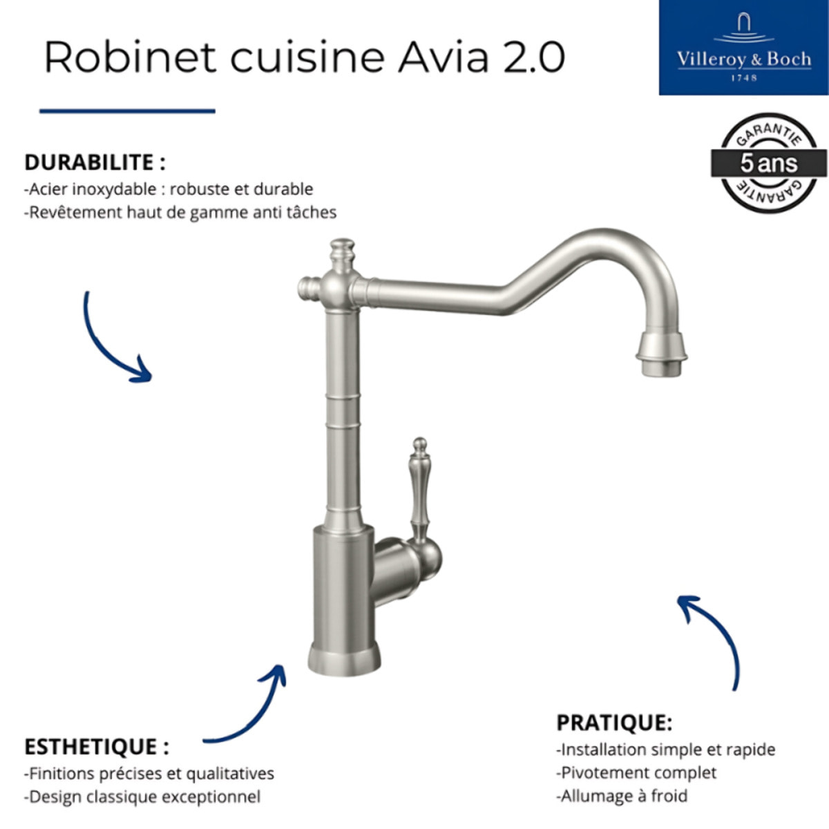 Evier Timbre d'office Tradition 1 bac vidage auto + Robinet de cuisine Avia 2.0 Acier Massif