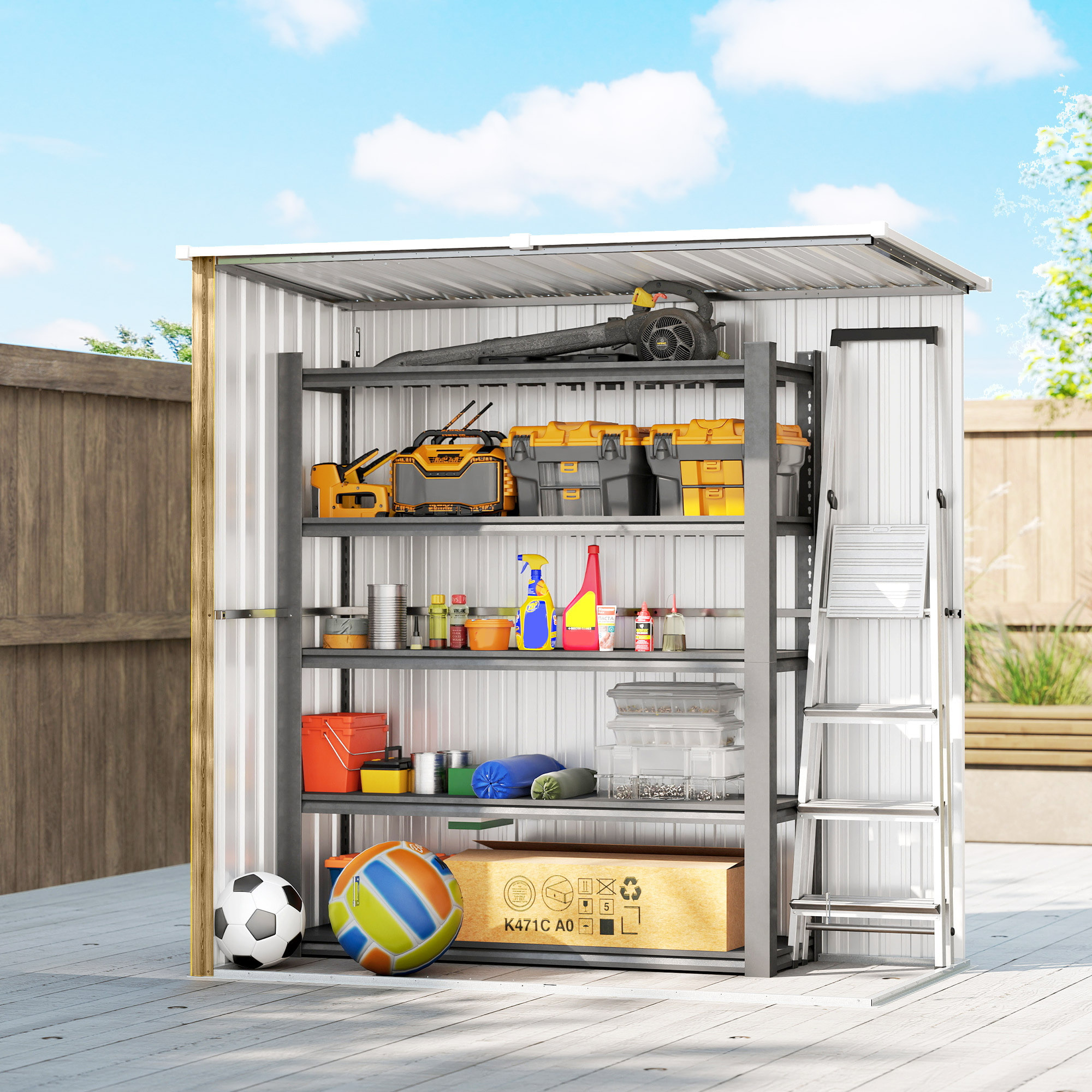 Caseta de Jardín Exterior 1,37 m², 163x89x163 cm, Cobertizo de Jardín Exterior Metálico con Techo Inclinado, Puertas con Pestillo y Guantes para Almacenamiento de Herramientas, Marrón Claro