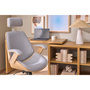 Fauteuil de bureau de direction design en tissu gris, bois clair et acier chromé MUSK