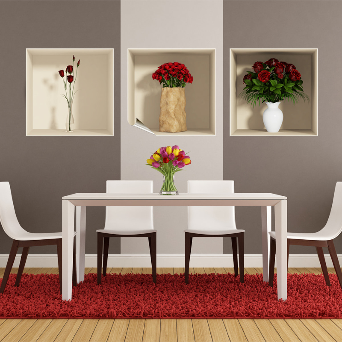 Stickers muraux 3D | Sticker Mural Autocollant effet 3D Roses rouges - Stickers adhésifs 3D Chambre Salon Trompe l'oeil