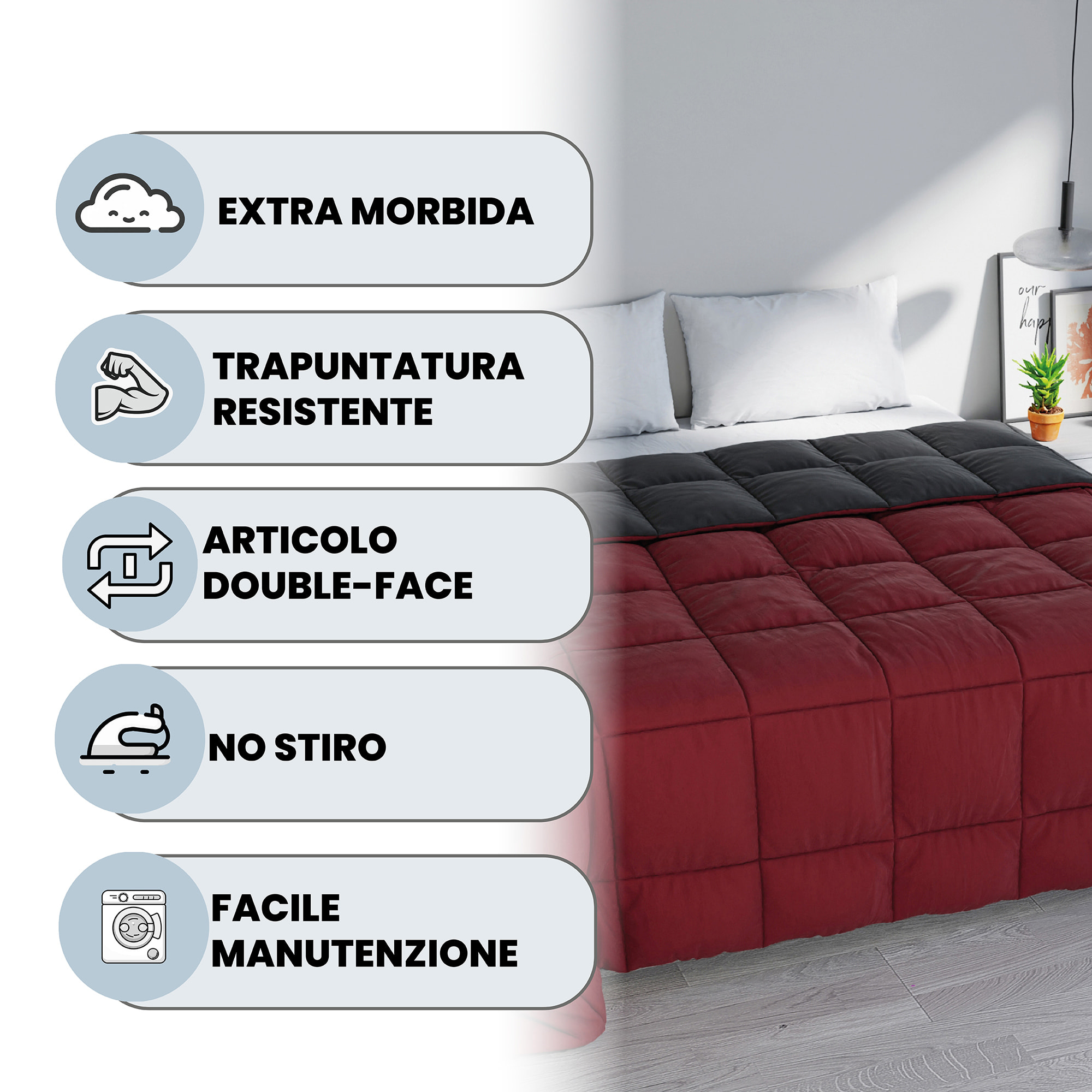 TRAPUNTA INVERNALE ELEGANT, 300gr, Microfibra, Doubleface, Made in Italy - BORDEAUX/FUMO