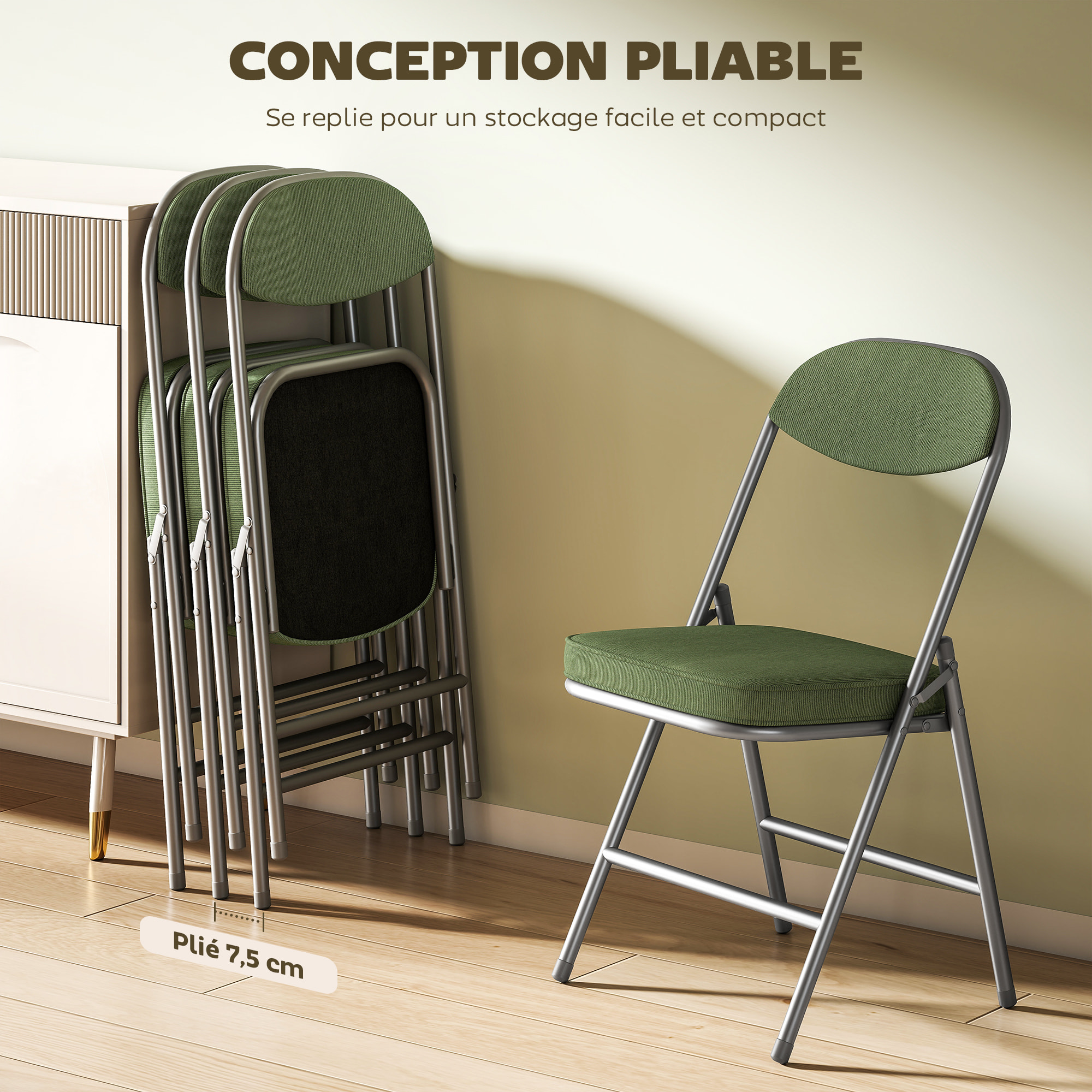 Lot de 4 chaises pliantes acier velours côtelé vert