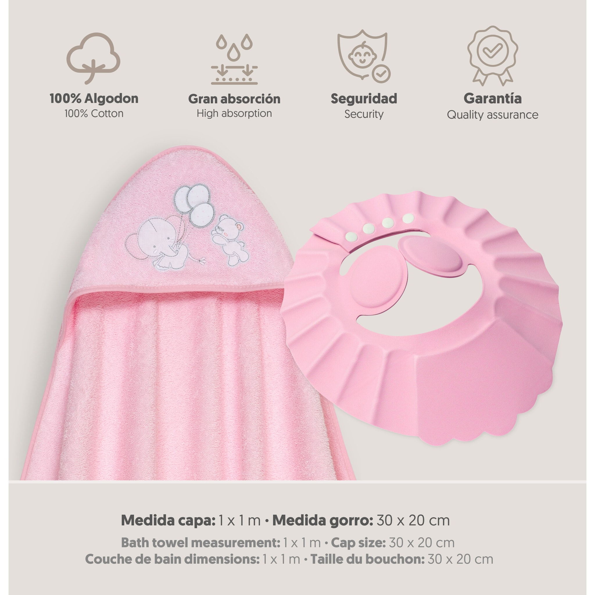 Capa Baño 1X1 Mod Oso Elefante Globos+Gorro Rosa