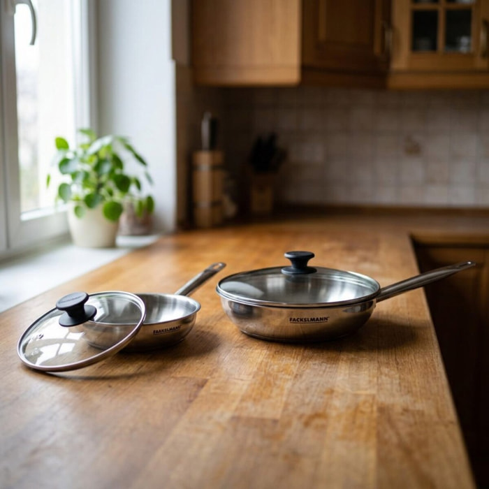 Set de 2 poêles en inox et 2 couvercles en verre Fackelmann Eterna