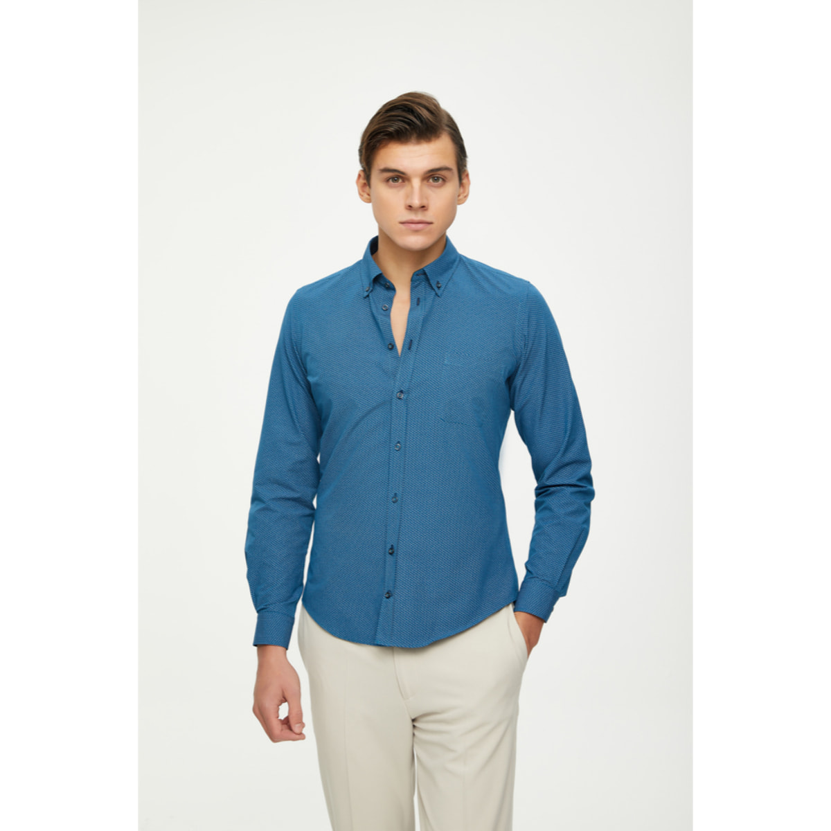Camicia Uomo 1 Bottone Button Down Slim Cotone Poliestere Stampato Petrolio e Blu Scuro