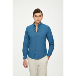 Camicia Uomo 1 Bottone Button Down Slim Cotone Poliestere Stampato Petrolio e Blu Scuro