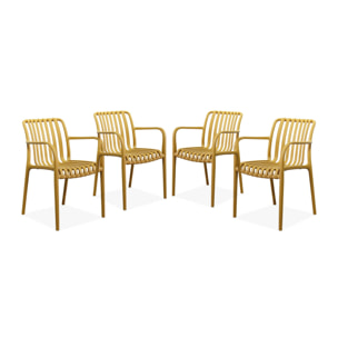 Lot de 4 fauteuils de jardin en plastique moutarde. empilables. design linéaire