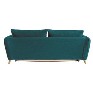 Canapé convertible scandinave 3 places en tissu bleu paon et bois clair avec matelas 10 cm CREEP