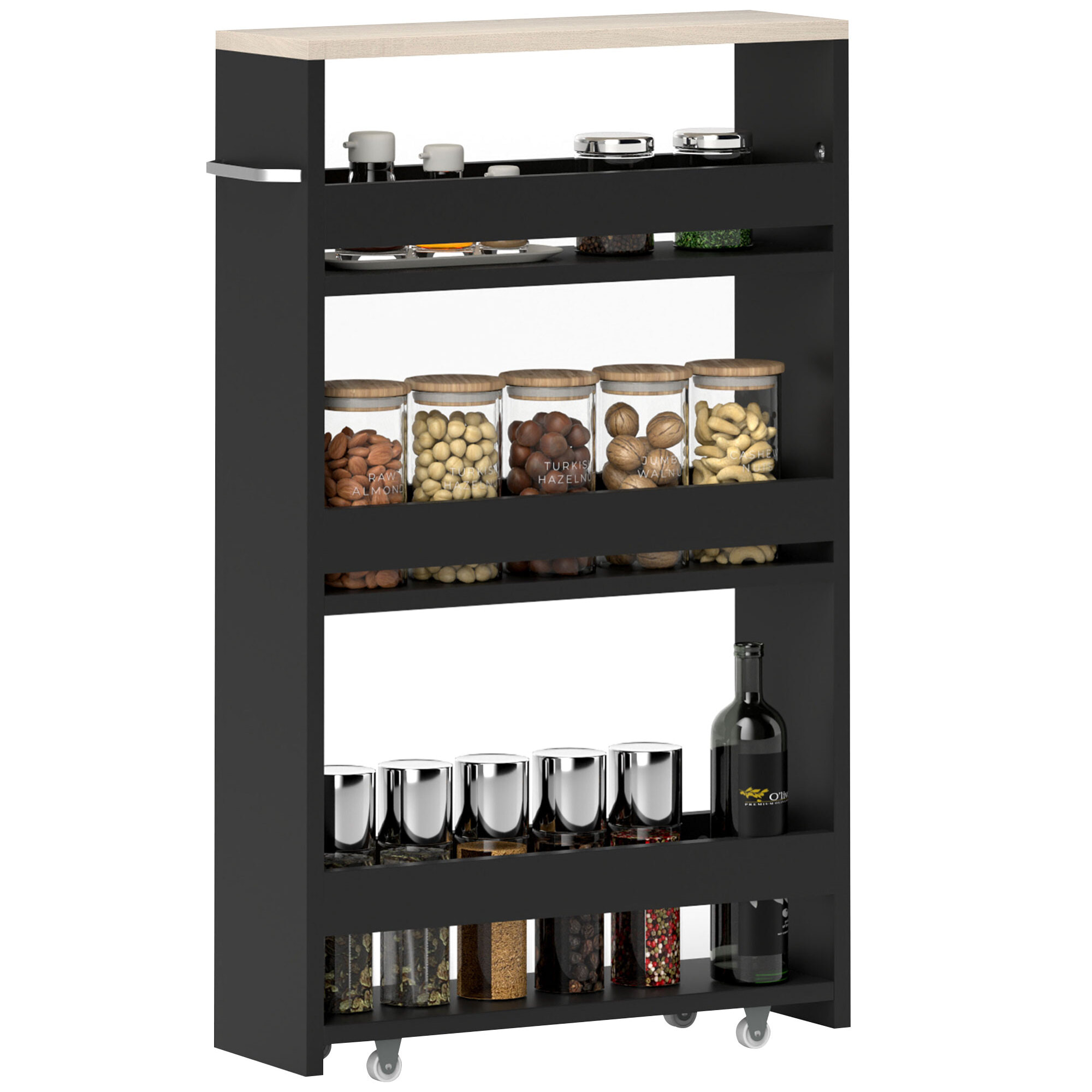 Carrito Auxiliar con Ruedas de 3 Niveles, Carrito de Cocina Estrecho con 3 Estantes, Tablero y Asa, para Comedor, Salón, Baño, 48x15x80 cm, Negro