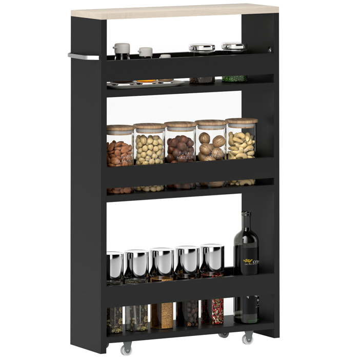 Carrito Auxiliar con Ruedas de 3 Niveles, Carrito de Cocina Estrecho con 3 Estantes, Tablero y Asa, para Comedor, Salón, Baño, 48x15x80 cm, Negro