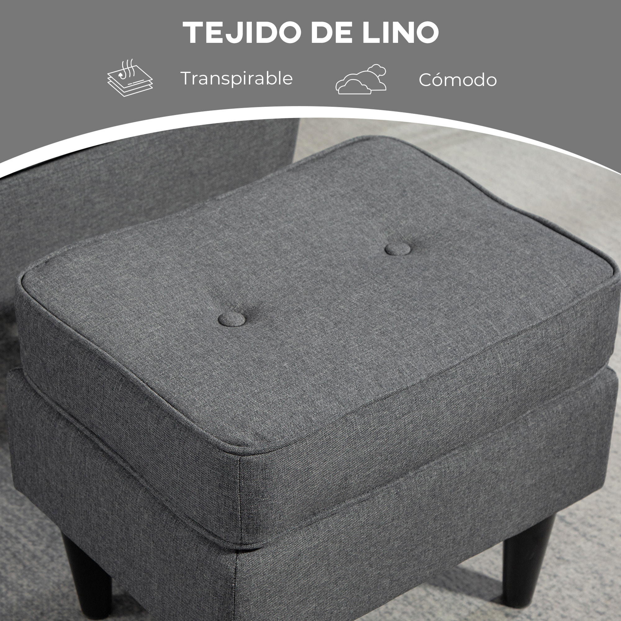 Sillón con Reposapiés Sillón Lectura con Respaldo Alto Capitoné Patas de Madera Almohada Acolchada y Tapizado en Lino Butaca para Salón Dormitorio Oficina Gris Oscuro