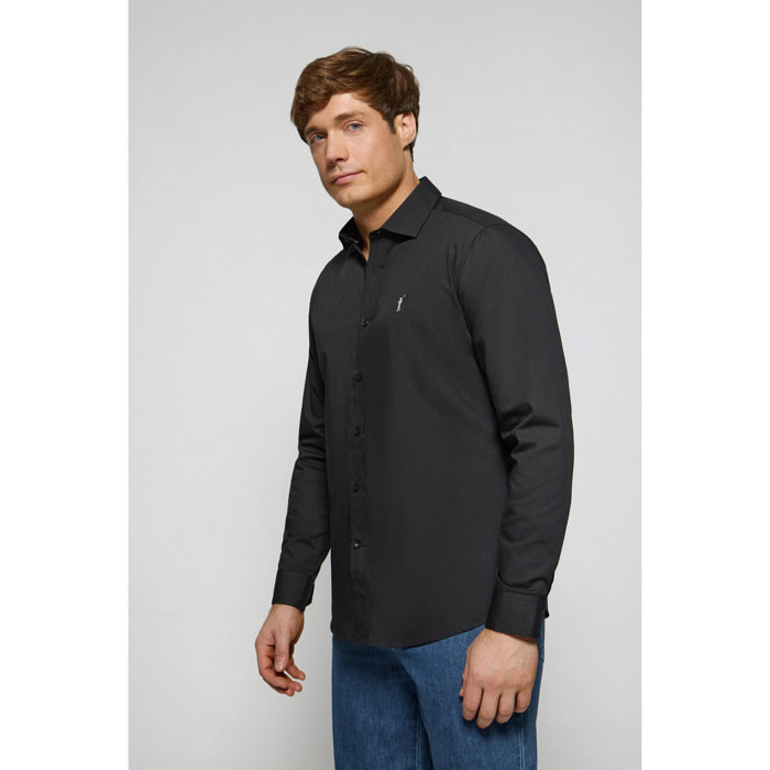 Camicia slim in popeline nera con logo Rigby Go ricamato