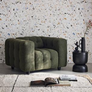 Fauteuil 1 place en bouclette texturée capitonné kaki foncé structure bois d'eucalyptus et contreplaqué