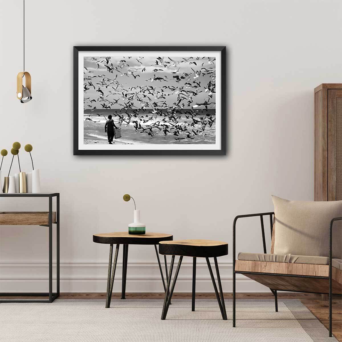 Poster festin de mouettes Affiche sous cadre noir