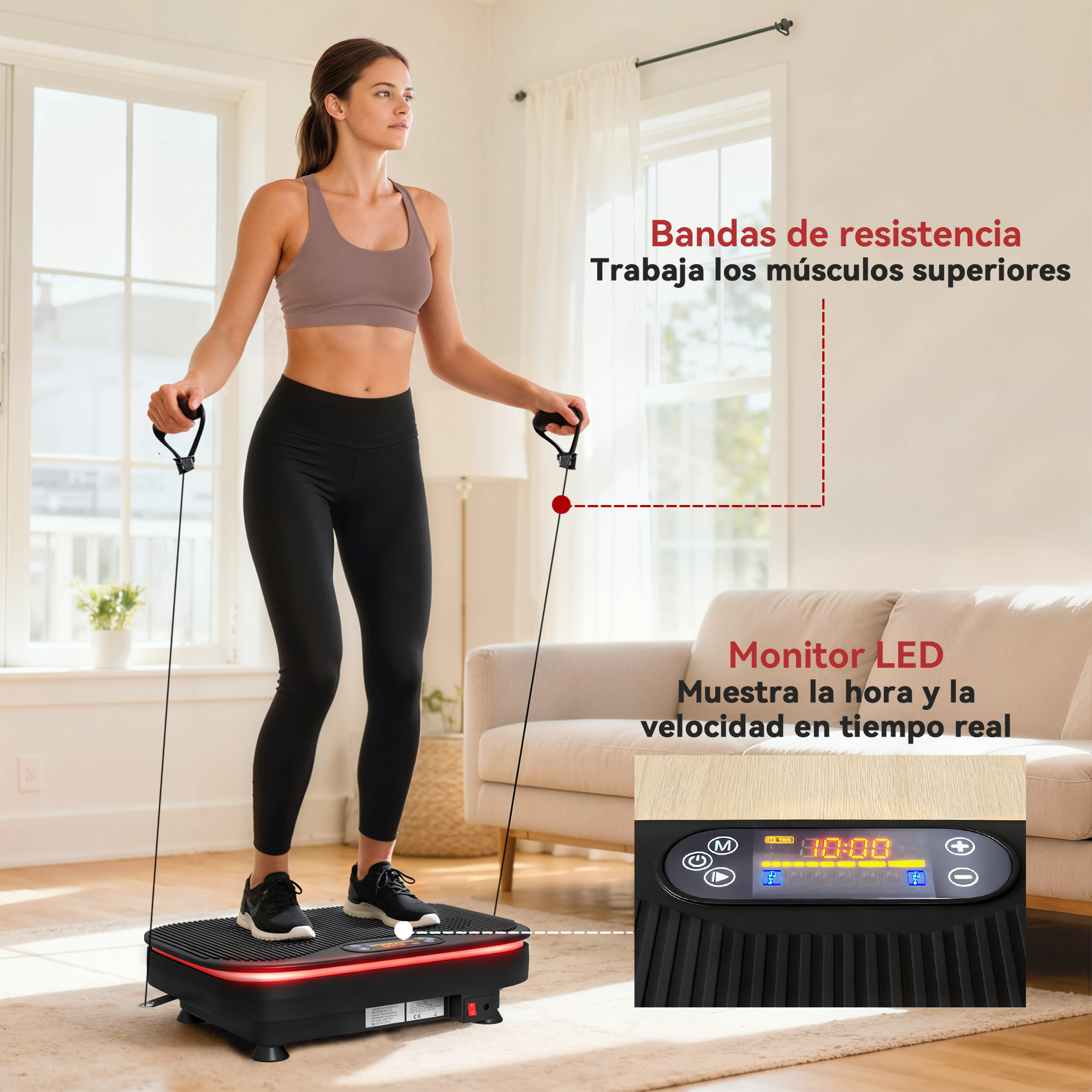 Plataforma Vibratoria, 99 Velocidades, 3 Programas, Plataforma Vibración Muscular con Altavoz Bluetooth, Pantalla LED, Luces, Mando a Distancia, Bandas Elásticas, para Hacer Ejercicio en Casa