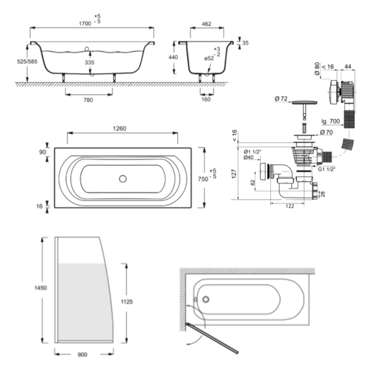 Baignoire droite 170 X 75 Elise acrylique + pare bain volet gauche + vidage