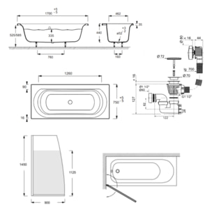 Baignoire droite 170 X 75 Elise acrylique + pare bain volet gauche + vidage