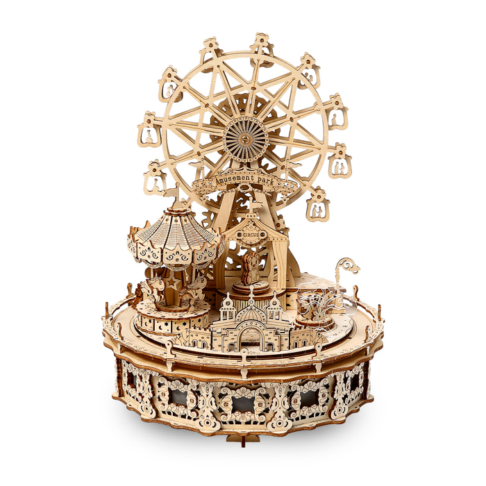 Maqueta de Madera 3D, con movimiento mecánico diseño Parque de atracciones de ensueño con luz y música. 370 piezas.